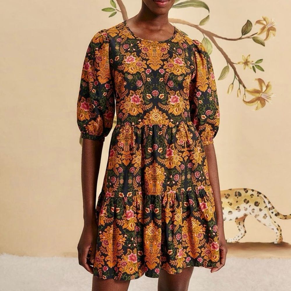 NEW FARM Rio Arabesque Floral Black Puff Sleeve Mini Dress Baby Doll Size XL